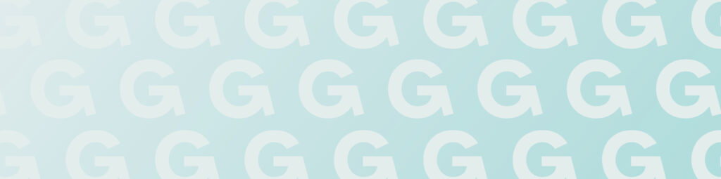 Image of repeating G's from the Dear Grace logo on pale blue background.