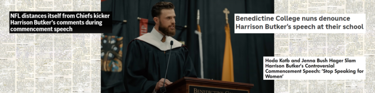 Image of Harrison Butker in a graduation robe with headlines about his comments overlaid