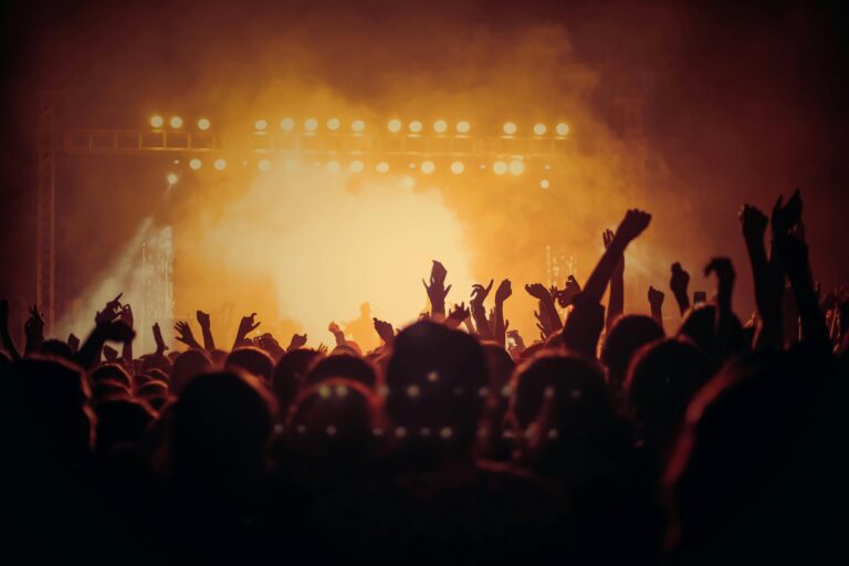 view of a concert stage with audience members with their hands in the air